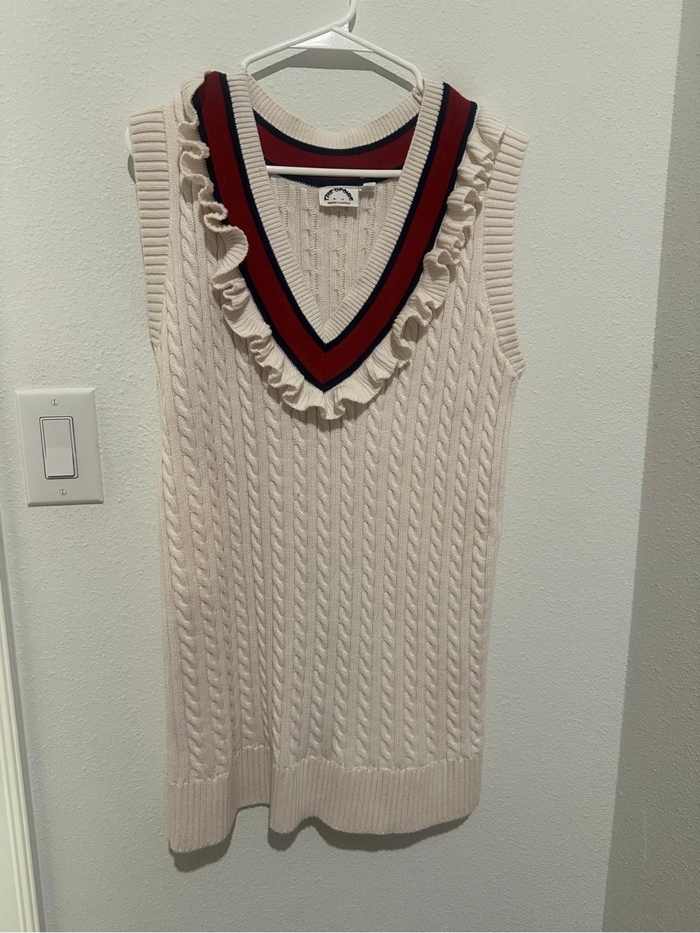 The Upside Cream Cable-Knit V-Neck Ruffle Dress with Navy and Red Trim
